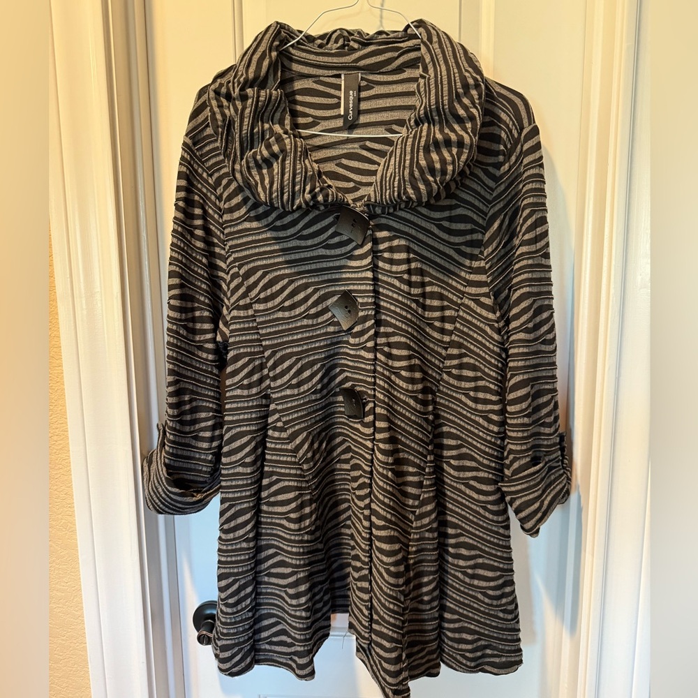 Like NEW! Black and Gray Striped Draped Collar Jacket